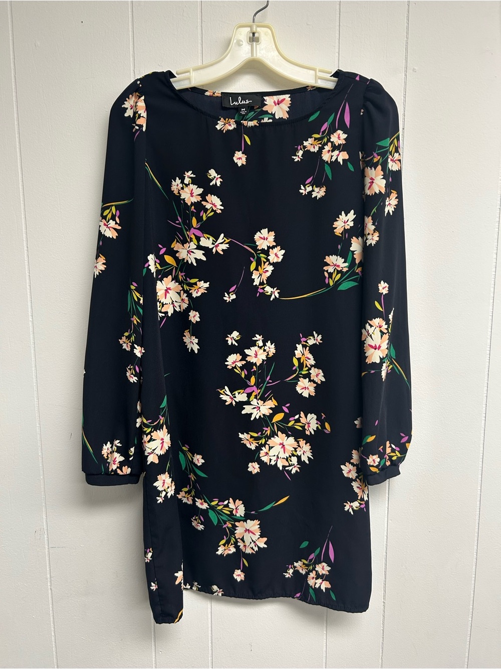 Lulu's Black Floral Long-Sleeve Shift Dress with Cream & Pink Blossoms